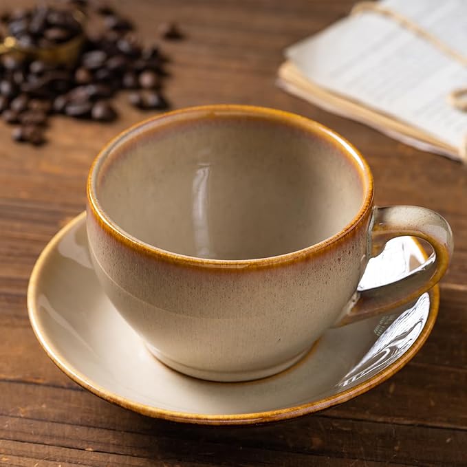 Porcelain Coffee Cup with Saucer Spoon, Vintage Design Ceramic Latte Art Cappuccino Barista Espresso Tea Cup with Saucer (11.6 oz, 350ml, Honey Pomelo Yellow)