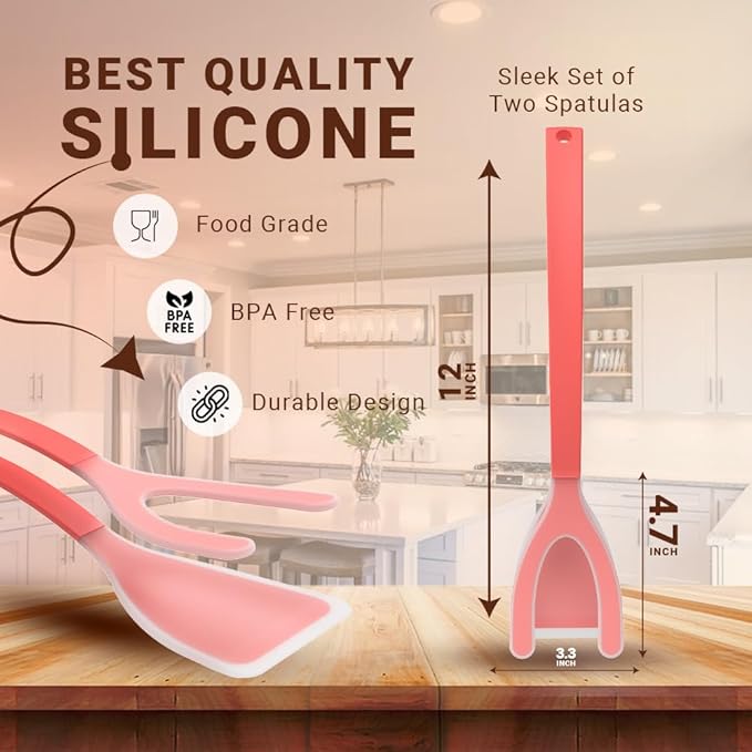 Silicone Egg Flipper Spatula Tongs (Set of 1) – Non-Stick 2-in-1 Grip & Flip Kitchen Tongs for Pancakes, Fish, Eggs, and More – Heat Resistant Cooking Tool (Black) (Red)