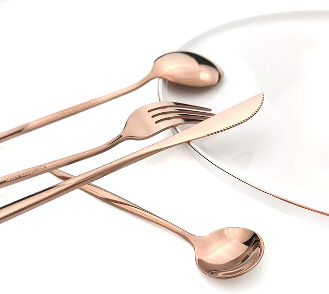 Copper 36-Pieces Silverware Flatware Mirror Polished Dinnerware, 18/0 Stainless Steel Rose Gold Cutlery Set For Home Kitchen Party Hotel Restaurant Wedding Service for 6
