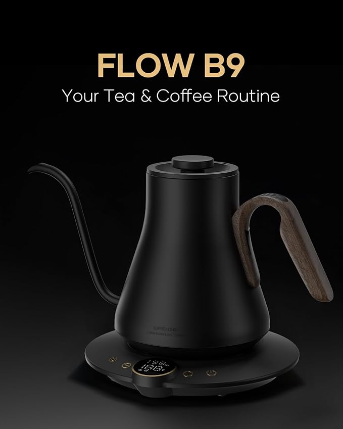 Cocinare FLOW B9 Gooseneck Electric Kettle, Precise Temperature Control for Pour-Over Coffee & Tea Brewing, Stainless Steel Interior, Rapid Heating for Boiling Water 1500W/0.9L (Black Walnut)
