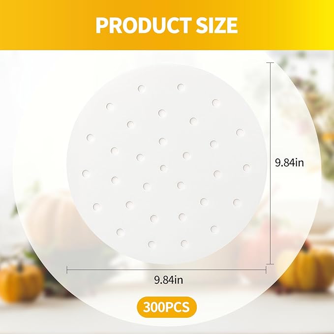 300 PCS Non-Stick Bamboo Steamer Paper, 10" Round Liners with Holes for Steamer Basket, Air Fryer, Bamboo Steamers, and Oven Use