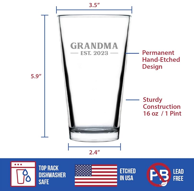 Grandma Est 2023 - New Grandmother Pint Glass Gift for First Time Grandparents - Bold 16 Oz Glasses
