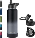 40oz Insulated Water Bottle with Straw, Stainless Steel Metal Vacuum Water Flask, Large Thermal Water bottle with Leakproof 3 Lids for Travel, Camping, Gym Sports Black Gray