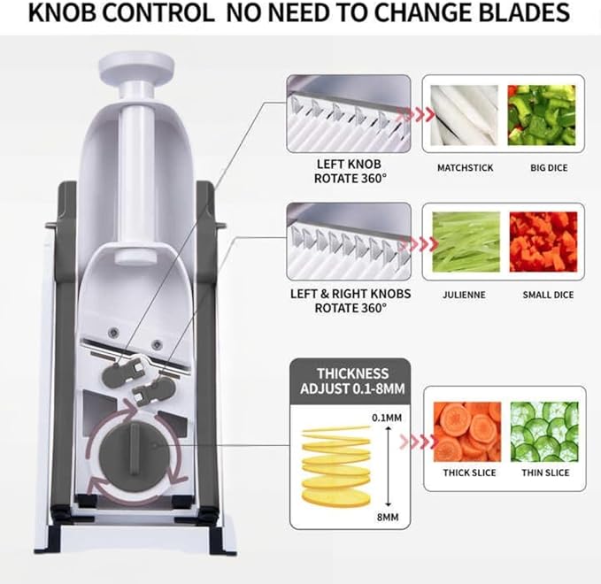 5-in-1 Safe Mandoline Slicer – Compact Foldable Vegetable & French Fry Cutter Mandoline Food Slicer Adjustable Thickness from 0.1 to 8mm for Kitchen, Ideal for Fruits, Vegetables, and Potatoes