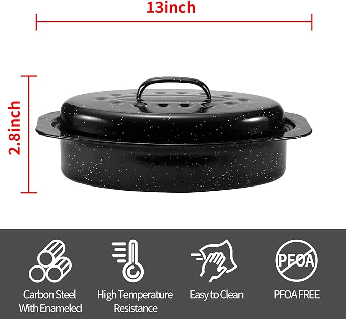 13” Enameled Oval Roasting Pan with Domed Lid - For 7lb Turkey, Chicken, Lamb, Vegetables