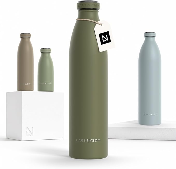 LARS NYSØM Stainless Steel Insulated Water Bottle 12 oz 17 oz 25 oz 34 oz 51 oz | Insulated Thermo Flask for Hot and Cold Beverages | Leakproof Drinking Bottle (Olive Green, 33.8 oz)