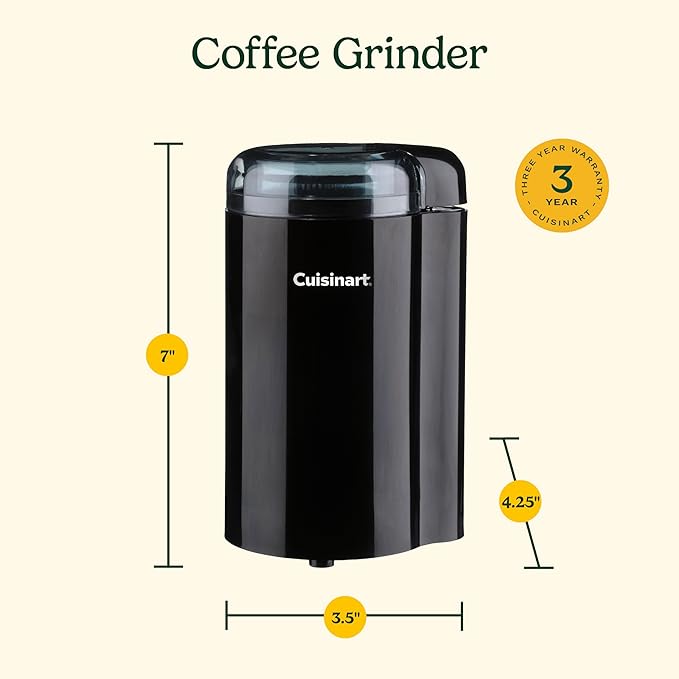 Cuisinart DCG-20BKN Coffee Grinder, On/Off Switch With Safety Interlock, Stainless Steel Blades and Easy-to-Clean Bowl with Lid, 2.5oz/70g Capacity – Enough for 12 Cups, Black