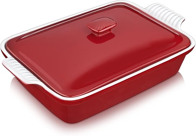 vancasso Blossom Casserole Dish, 13x9 Baking Dish, 3.8 Quart Casserole Dish Set Lasagna Pan Deep With Lid Oven Safe, Red