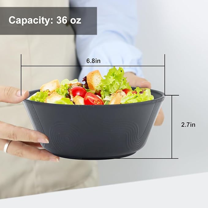 36 oz Large Cereal Bowls Set of 6, Alternative to Plastic Popcorn Bowls Reusable, Unbreakable Wheat Straw Bowls, Microwave Safe Large Cereal Bowl for Kitchen, Serving, Camping(Black)