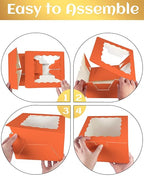 qiqee 10x10x5 Cake Box, 18 Sets Coral Orange Cake Box with Window ＆ 18 Sets 10" Coral Orange Cake Round Boards, 10inch Cake Containers