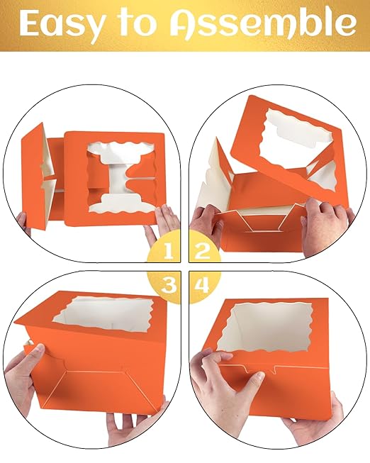 qiqee 10x10x5 Cake Box, 18 Sets Coral Orange Cake Box with Window ＆ 18 Sets 10" Coral Orange Cake Round Boards, 10inch Cake Containers