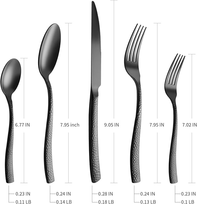 Silverware 45-Piece Matte Black Hammered Flatware Set with Serving Utensils, Stainless Steel Thick Handle Matte Polished Cutlery Set for Wedding Hotel Restaurant, Service for 8
