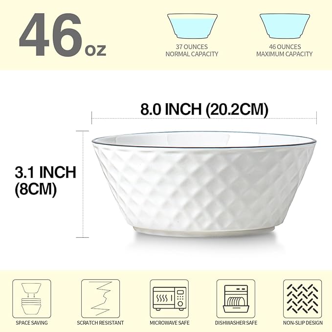 Yeacccng Deep Soup Bowls Set of 3, 46oz Large Cereal Bowls, Large Soup Bowl for Kitchen, 8 inch Diamond Pattern Decorative Bowls, Dishwasher & Microwave Safe, Scratch-Resistant, Lead-Free, Easy Clean