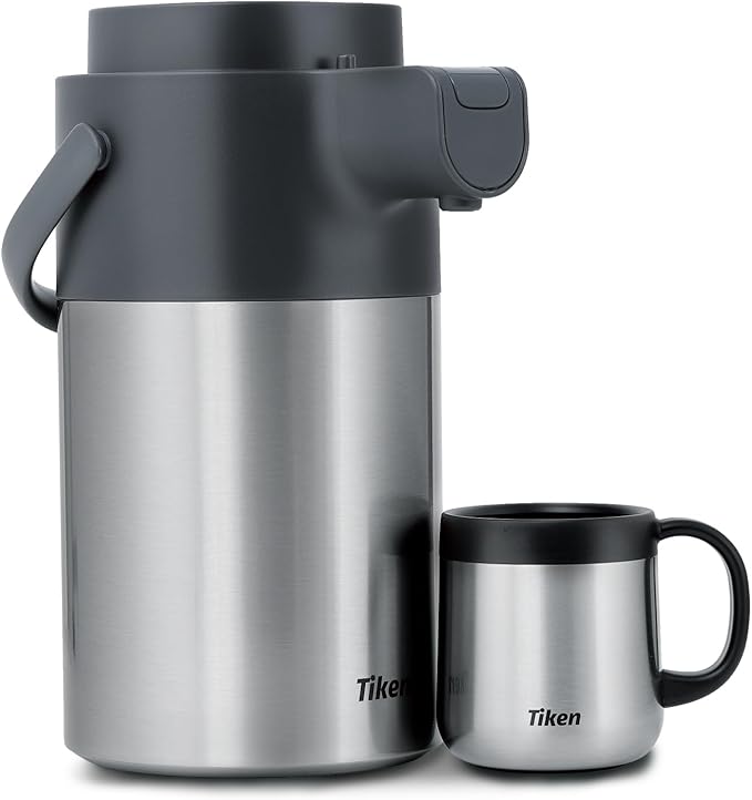 Tiken Airpot Coffee Dispenser with Pump - 102oz/3L Thermal Coffee Carafes for Hot Beverage - Stainless Steel Insulated Coffee Thermos Carafe, Silver