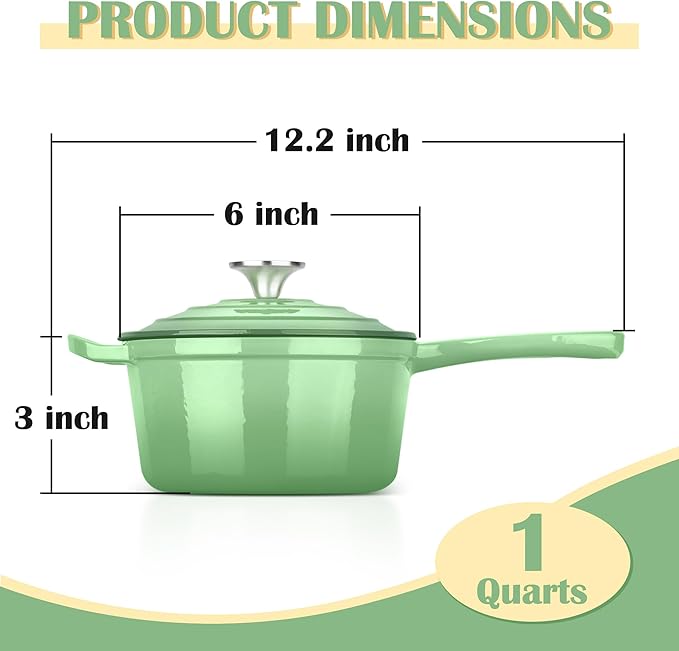 E-far Enameled Cast Iron Sauce Pan with Lid, 1 Quart Dutch Oven Saucepan, Mini Sauce Pot for Cooking, Boiling, Healthy & Non Toxic, Induction & Oven Safe, Pistachio Green