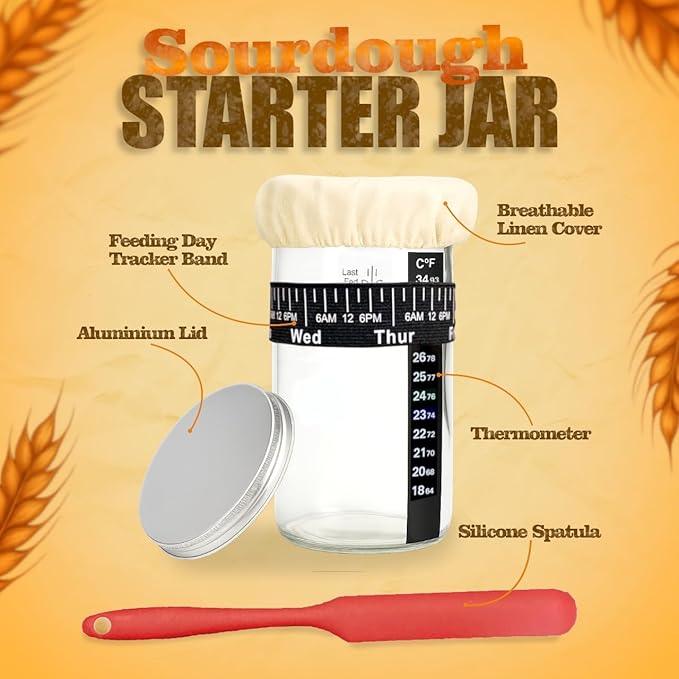 ARHY Sourdough Starter & Bread Baking Kit – 700ml Wide-Mouth Fermentation Jar + Round & Oval Rattan Bannetons – Complete Tool Set with Online Recipe Guide