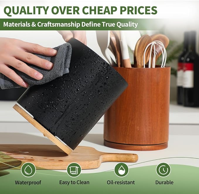 Wooden Utensil Holder, 360°Rotating 7.3'' Large Utensil Holder for Kitchen Counter, Kitchen Utensil Organizer, Utensil Crock, Farmhouse Kitchens Countertop Decor, Black Color