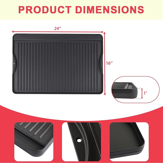 Cast Iron Reversible Griddle for Camp Chef, Universal Stove Top Griddle for Most 4 Burner Stove/Charcoal/Gas/Propane/Electric Grill Pan, Large Flat Top Plate for Outdoor Camping Accessories,16" x 24"