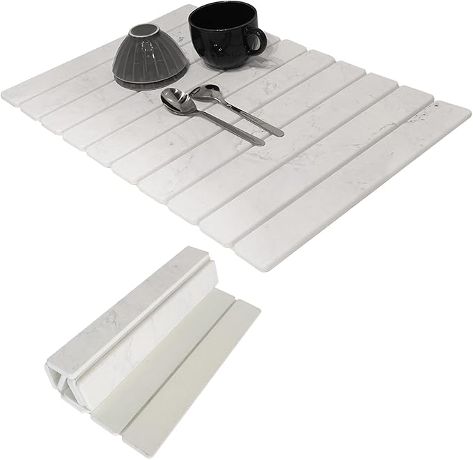 Hopegiver Stone Drying Mat for Kitchen Counter, 23.62"x15.35" Gray Marble Quick Dry Mat, Absorbent Diatomaceous Earth Dish Mat for Dishes Plants Pet Feeding, Collapsible Design Includes Sanding Sponge