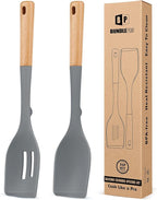 Pack of 2 Large Silicone Cooking Spoons, Heat Resistant Non Stick Kitchen Utensils with Wooden Handle, Ideal for Mixing, Stirring, Serving, Cooking(GRAY)
