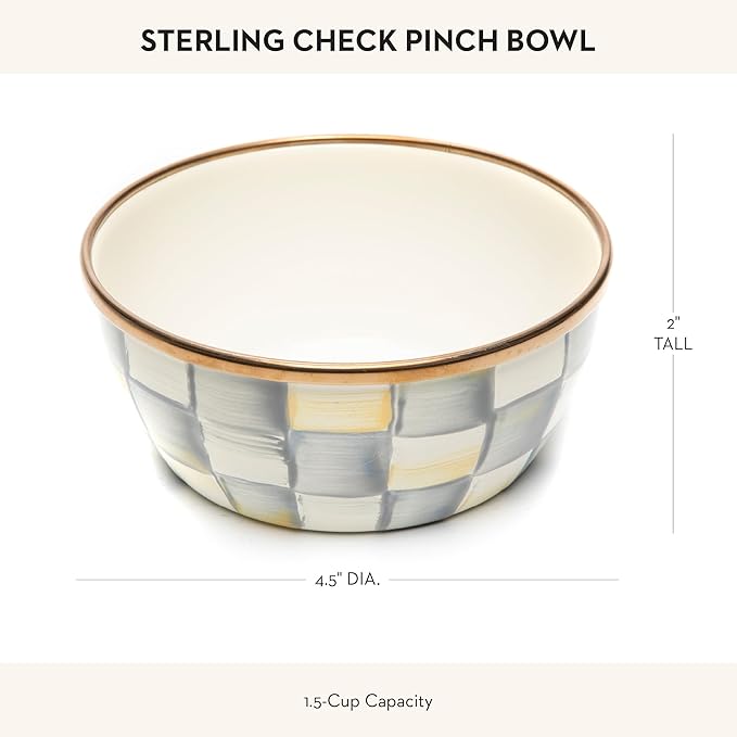 MACKENZIE-CHILDS Enamel Pinch Bowl, Small Bowl for Kitchen Ingredients, 1.5-Cup Capacity, Gray-and-White Sterling Check