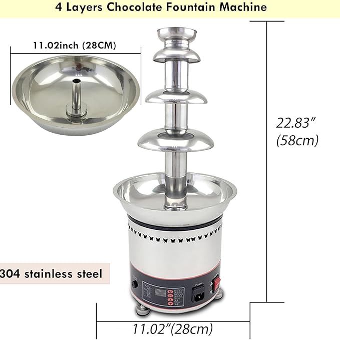 Chocolate Fountain 110V Electric 4-Tiers Digital Chocolate Fountain Melting Machine Heating Fondue Fountain,3kg of chocolate