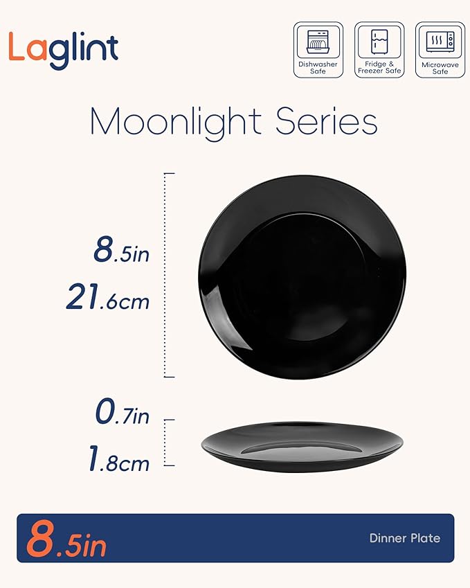 8.5 inch Salad Plate Set of 6, Lightweight Opal Glass Round Black Plates for Appetizer Dessert Kitchen, Dishwasher and Microwave Safe