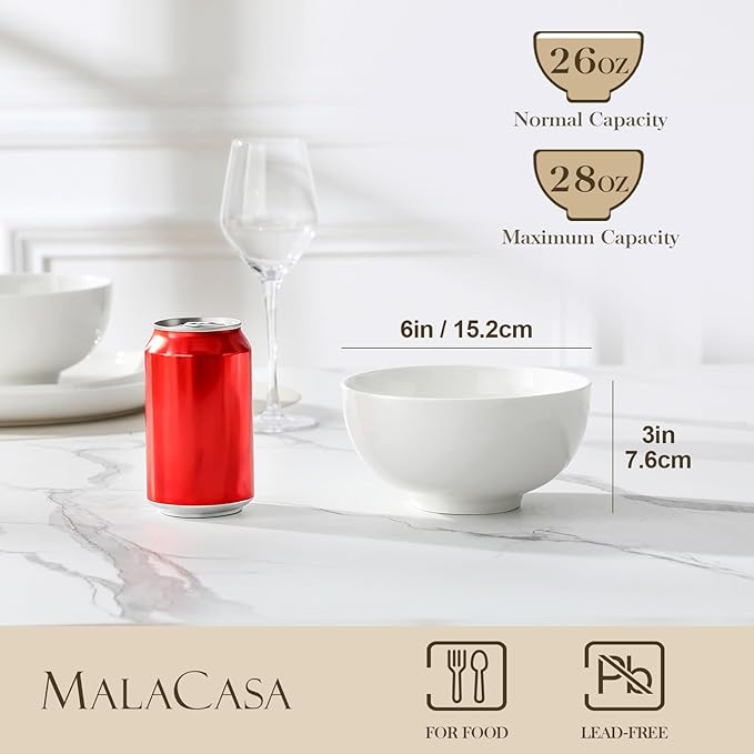 MALACASA 26 Oz Porcelain Soup Bowls Set of 4, White Ceramic Bowls for Kitchen, Cereal Bowl for Oatmeal, Fruit, Salad, Ramen and Rice Bowl -Dishwasher & Microwave Safe Bowls