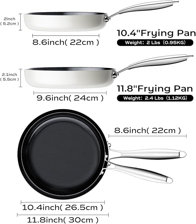 Nonstick Frying Pan Ceramic Cookware Set for Cooking (10.4+11.8 Inch), Tri-Ply Stainless Steel Pan, Non Toxic Skillet, PTFE & PFOA Free, Compatible with All Stovetops, Dishwasher & Oven Safe