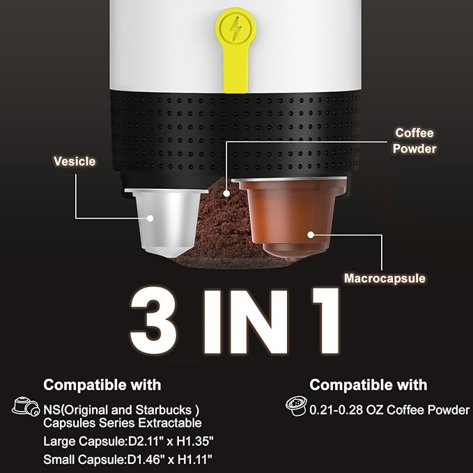 Portable Espresso Machine,Travel Coffee Maker for Camping, Car Coffee Maker Self-Heating with USB-DC,3-in-1 Extraction of 8g Ground Coffee & NS Capsule for Hiking,Office,RV(White)