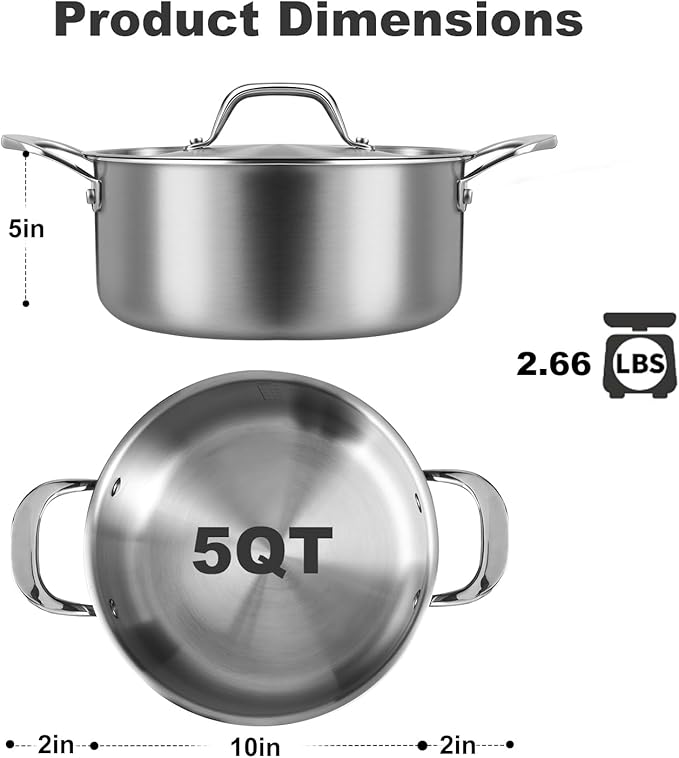 5 QT Saucepan with Lid,3-Ply Stainless Steel Stockpot,Professional Grade Cookware,Induction Compatible