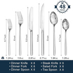 KINGSTONE 48-Piece Silverware Set with Steak Knives, Flatware Set for 8, Stainless Steel Tableware Cutlery Set for Home Restaurant, Mirror Finish,Modern Design