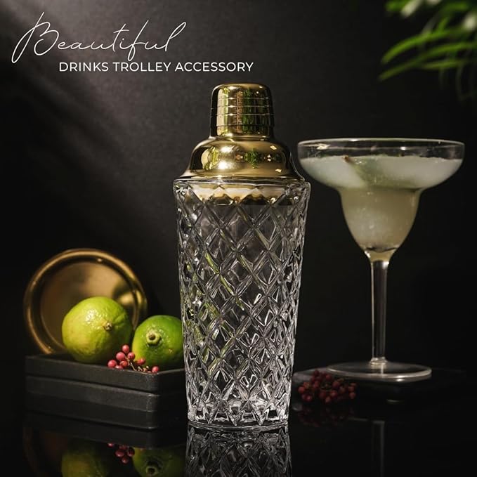 Gold Cocktail Shaker Set - 5 Piece Martini Shaker Set with Strainer, Jigger, Spoon & Muddler - 16oz Glass Cocktail Shaker Set - Ideal Gift for Home Bar & Drink Trolley Décor