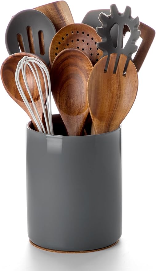 Nucookery Utensil Holder, 6.4" Ceramic Kitchen Utensil Holder for Countertop with Protection Cork Bottom, Vintage Farmhouse Kitchen Decor for Counter (Gray)