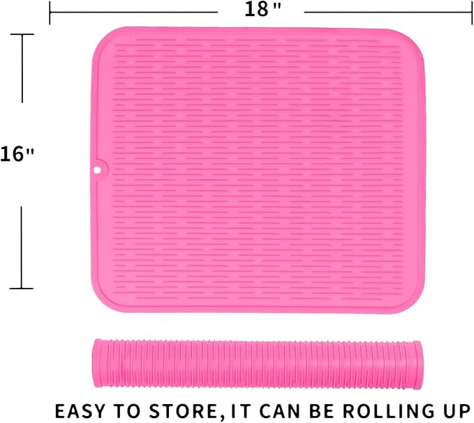 Silicone Dish Drying Mat for Multiple Usage,Easy clean,Eco-friendly,Heat-resistant Silicone Mat for Kitchen Counter or Sink,Refrigerator or Drawer Liner Rose XL 18 inches x 16 inches