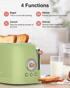 CROWNFUL 2-Slice Toaster, Extra Wide Slots Toaster, Retro Stainless Steel with Bagel, Cancel, Defrost, Reheat Function and 6-Shade Settings, Removal Crumb Tray, Green