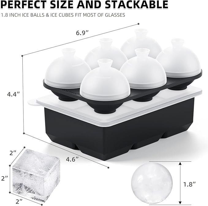 Whiskey Cocktail Ice Mold, Easy Fill and Release Silicone Round Ice Ball Maker Mold Large Square Ice Cube Tray with Lid - 6 Ice Balls + 6 Ice Cubes Black