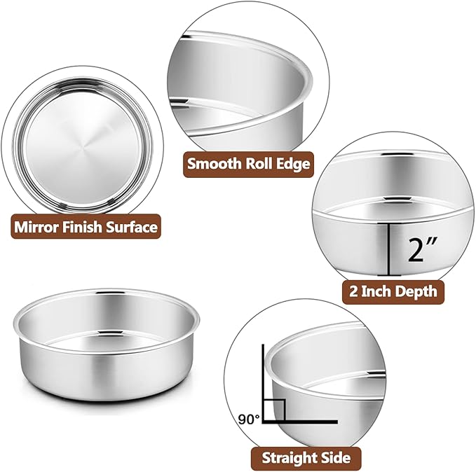 P&P CHEF Cake Pan Set of 4, Stainless Steel Baking Round Cake Pans Tins Bakeware for Birthday Wedding, Leak-proof & Easy Clean, Mirror Finish & Easy Releasing, 6 Inch