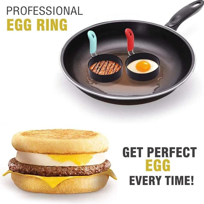 4 Pack Egg Rings,Stainless Steel Frying Ring Tool Non Stick Egg Frying Rings with Folding Handles and Oil Brush for Cooking Breakfast Sandwich Burger(COLOR:black)