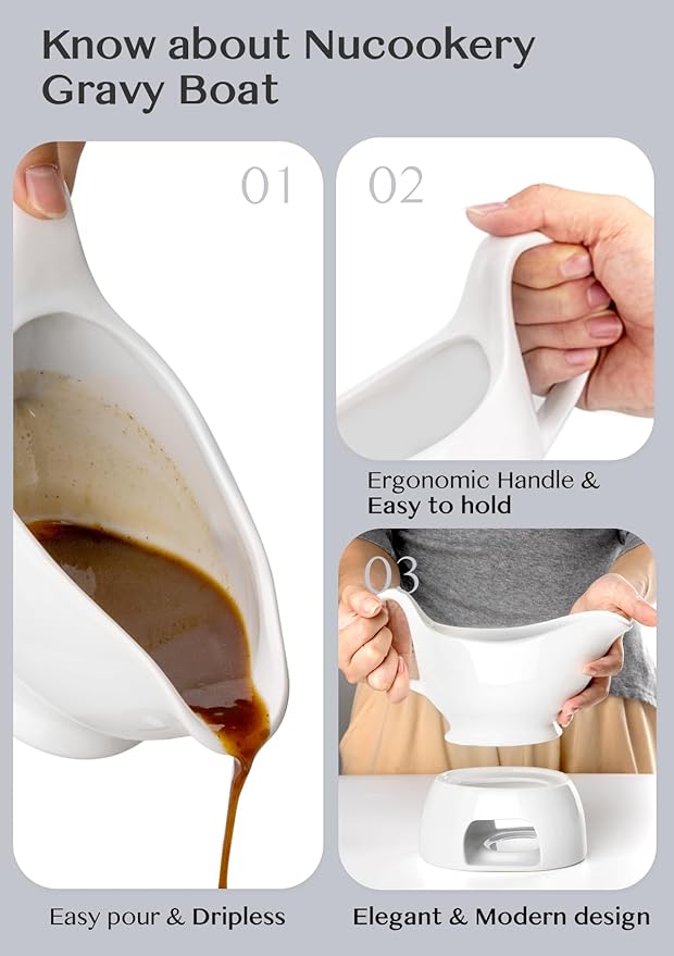 Nucookery Classic 17 Oz Gravy Boat with Warmer, White Fine Porcelain Saucier With Big Dripless Lip Spout, Bowl For Thanksgiving, Warming Sauces, Salad Dressings, Microwave & Freezer Safe(Set of 2)