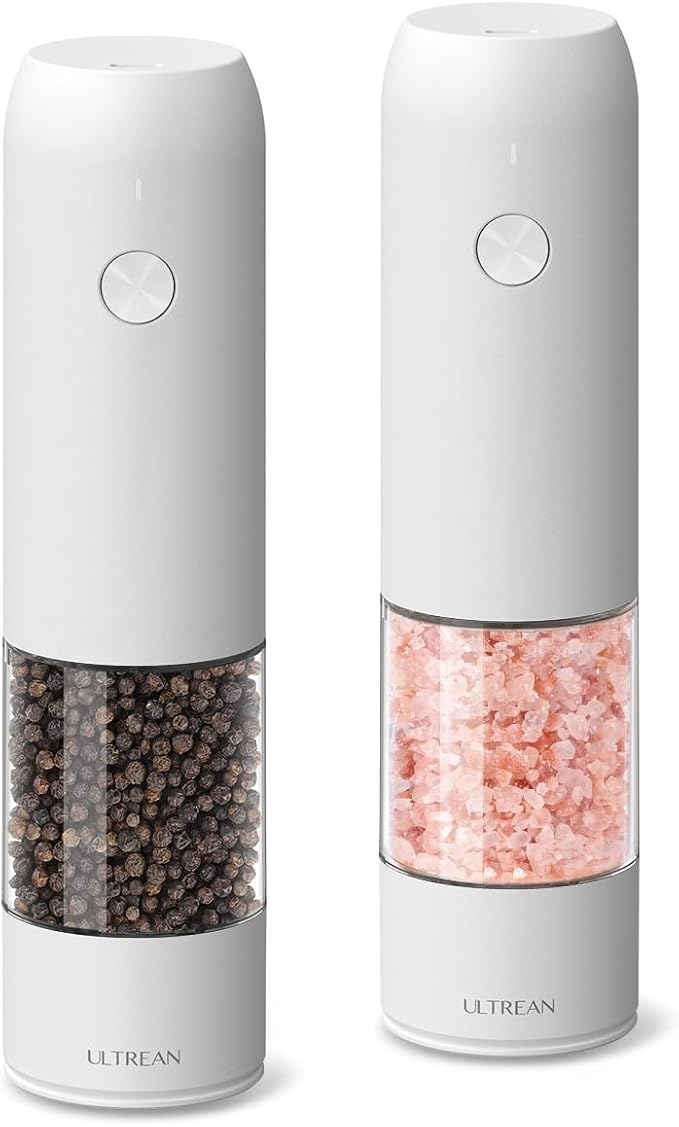 Ultrean Pepper Grinder, Rechargeable Salt and Pepper Grinder with 6 Adjustable Coarseness, LED Light, One-Hand Automatic Operation, White