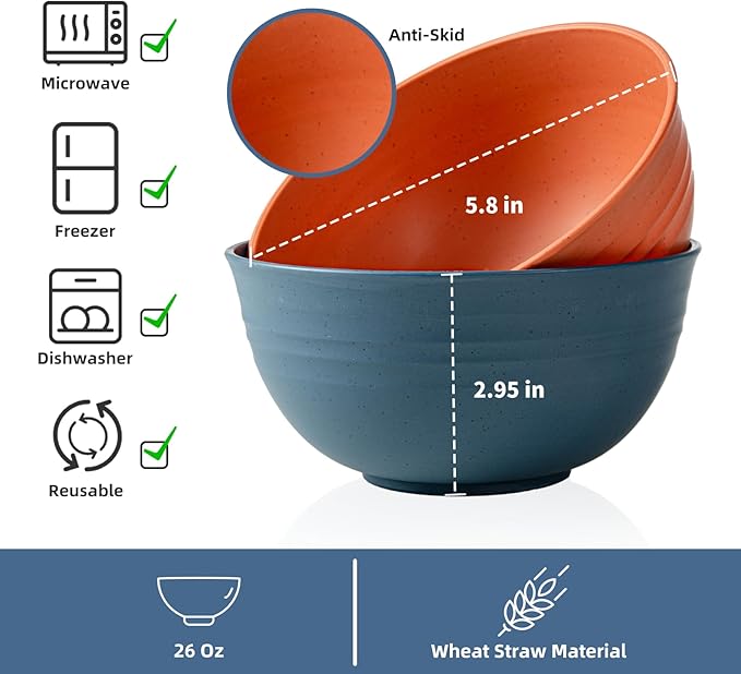 Wheat Straw Bowls Set of 6/12, Unbreakable Lightweight Bowls Set - Microwave & Dishwasher Safe, Reusable for Serving Soup, Oatmeal, Ramen & Salad (6, 26 oz)