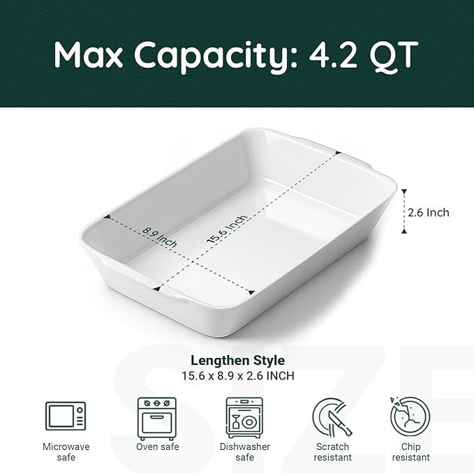 4.2 QT White Casserole Dishes for Oven, Baking dishes with Roasting Racks, Rectangular Lasagna Pan with Handles for Baking, Ceramic Baking Pan, Microwave Oven Safe