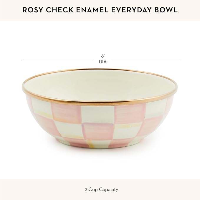 MACKENZIE-CHILDS Enamel Everyday Bowl, Serving Bowl for Entertaining, Extra-Small, Pink-and-White Rosy Check, Set of 1