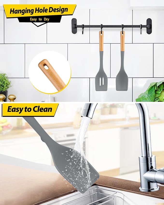 Pack of 2 Large Silicone Cooking Spoons, Heat Resistant Non Stick Kitchen Utensils with Wooden Handle, Ideal for Mixing, Stirring, Serving, Cooking(GRAY)