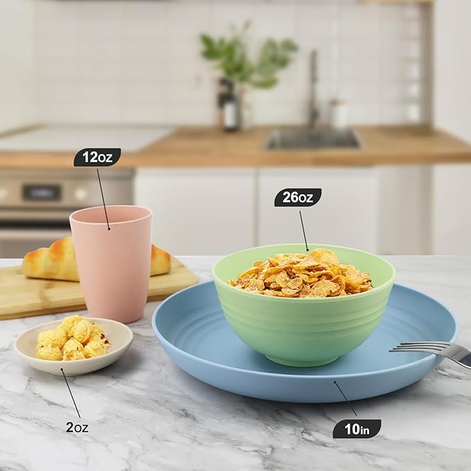 Wheat straw plates and bowls sets of 16 - Unbreakable wheat straw dinnerware sets for kids - Alternative plastic dinnerware set service for 4 - Microwave safe and Dishwasher safe bowls. Nordic