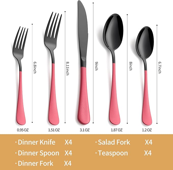 20-Piece Black Silverware Set 18/0 Stainless Steel Silverware Set Pink Handle Cutlery Set Service for 4 Dinner Knives Forks Spoons Set Flatware Set Finish Dishwasher Safe（Black and Pink）