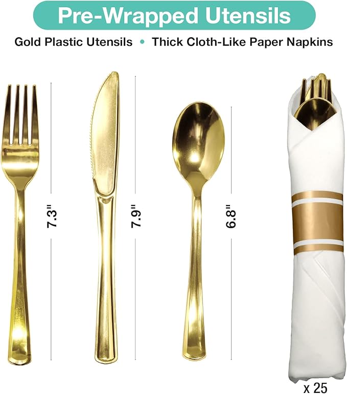 Pre Wrapped Cutlery Set- 25 sets of Fork, Knife, Spoon wrapped in a napkin - 25 Small Plates- 25 Big Plates (Gold)