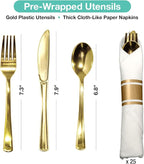 Pre Wrapped Cutlery Set- 25 sets of Fork, Knife, Spoon wrapped in a napkin - 25 Small Plates- 25 Big Plates (Gold)