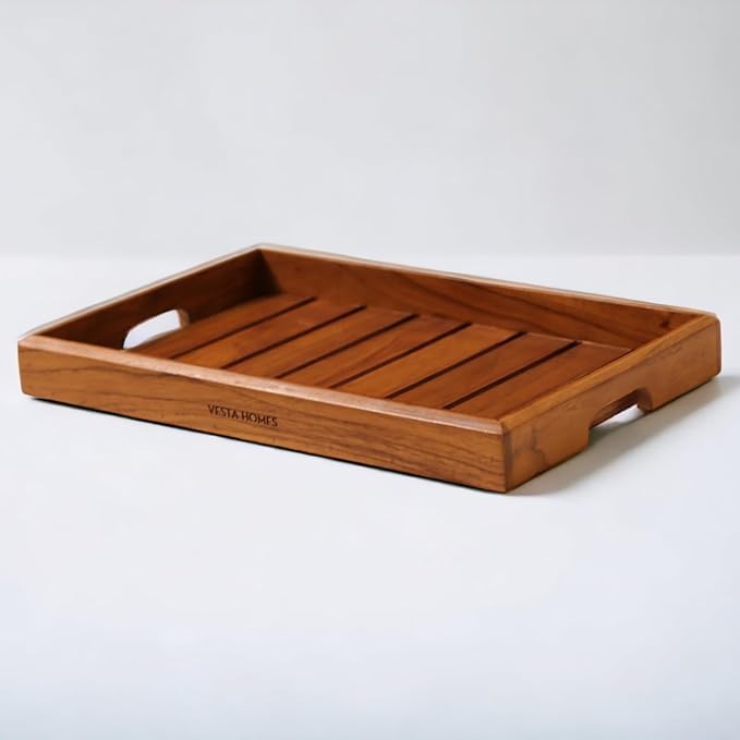 Large Teak Wood Serving Tray for Home, Kitchen, Breakfast, Restaurant, Office Organizer, Dining Table | Premium Wooden Tray |15 * 10 * 1.5 Inches | Handmade in India